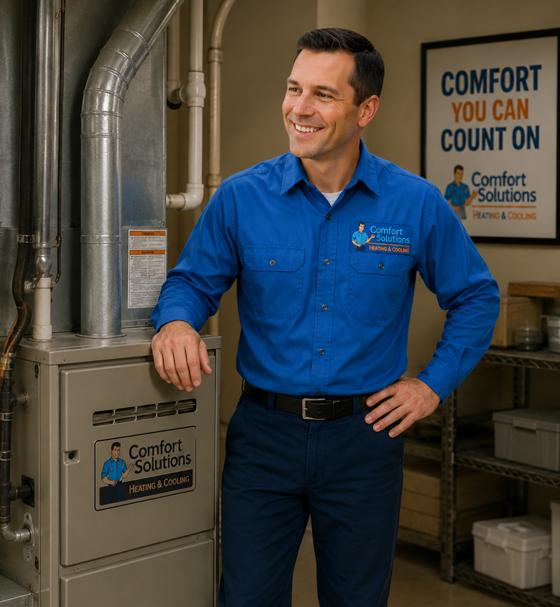 Comfort Solutions Heating & Cooling Technician standing next to a furnace.