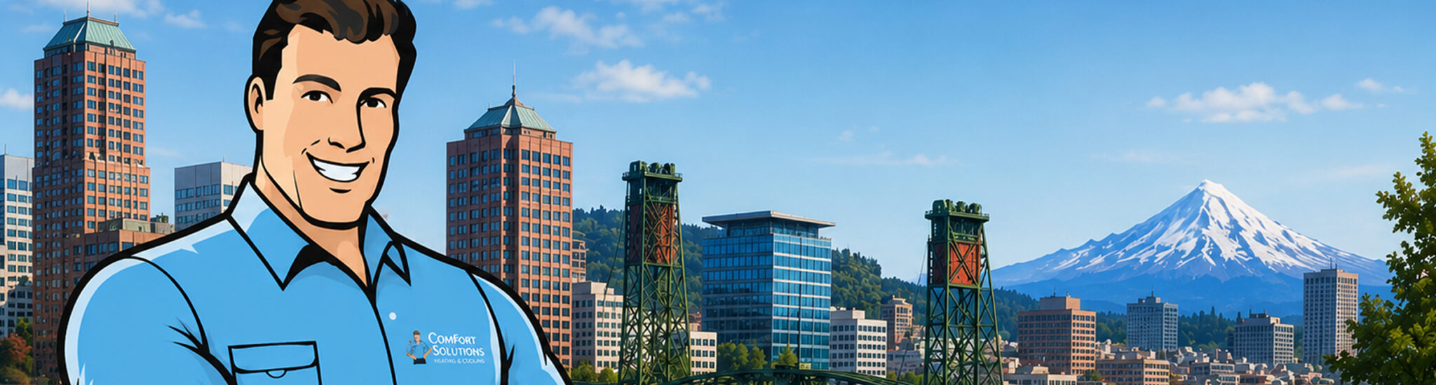 Mr. Comfort Club mascot with Portland Oregon cityscape in the background