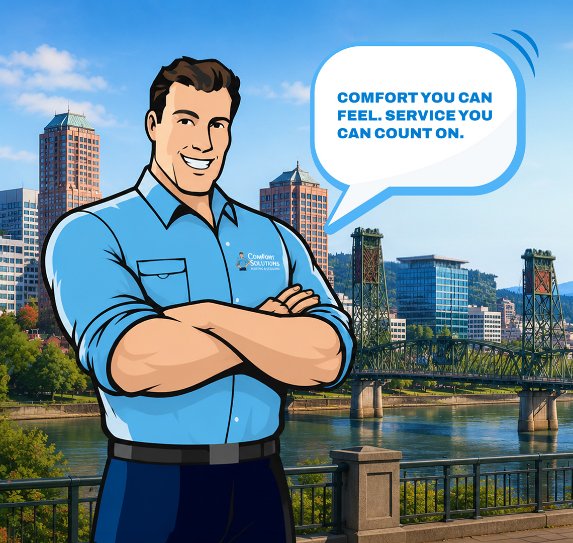 Mr Comfort standing in front of a city telling the reader you can trust Comfort Solutions