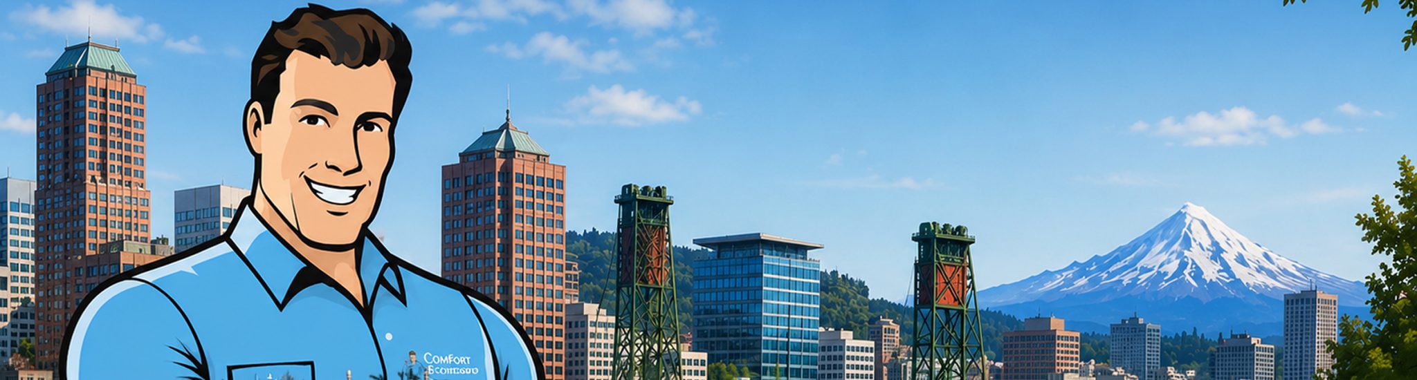 Mr Comfort Character standing in front of Portland skyline.