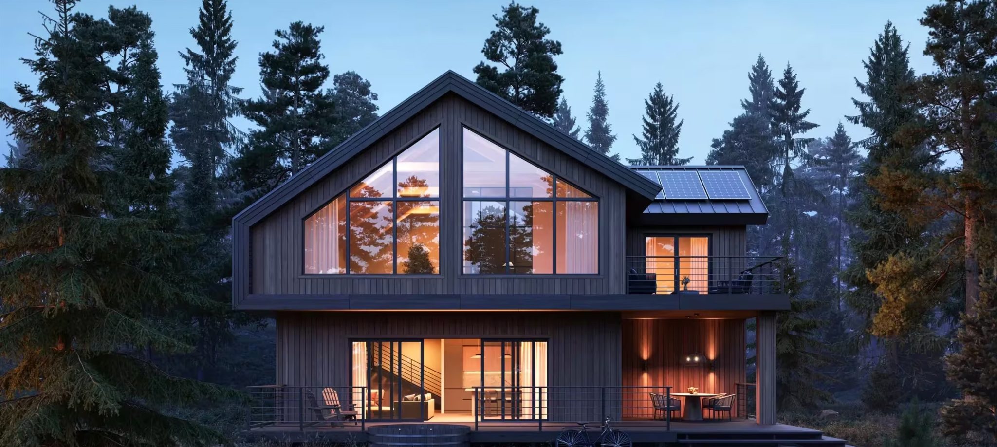 A home exterior surrounded by trees in a wintery looking scene.
