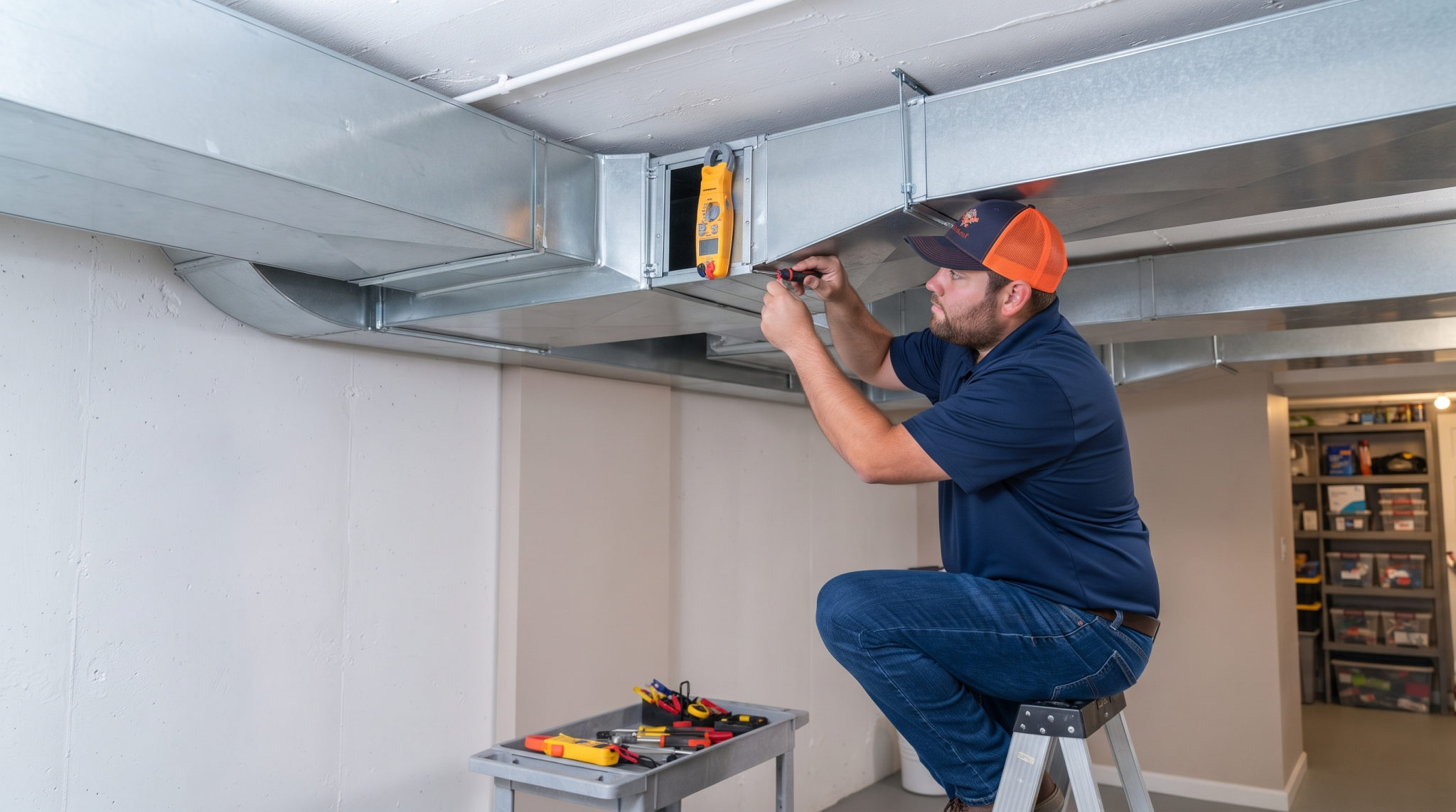 Comfort Solutions Heating & Cooling HVAC technician servicing ductwork inside a suburban household