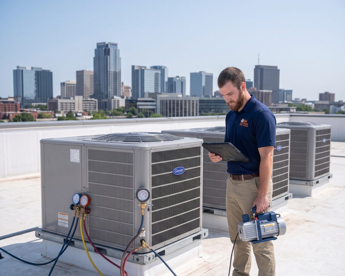 Comfort Solutions Heating & Cooling HVAC Technician working on commercial air conditioning units
