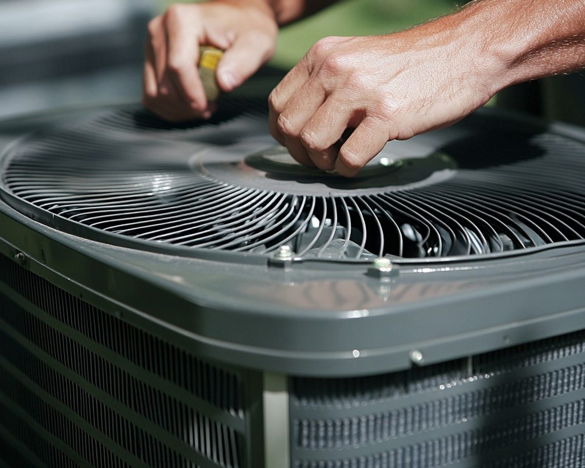 A close up of a HVAC technicians hands working on a heat pump unit.