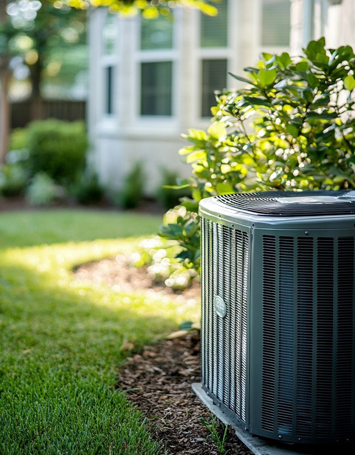 Heat pump outside a home with shrubbery and the house windows in the background.