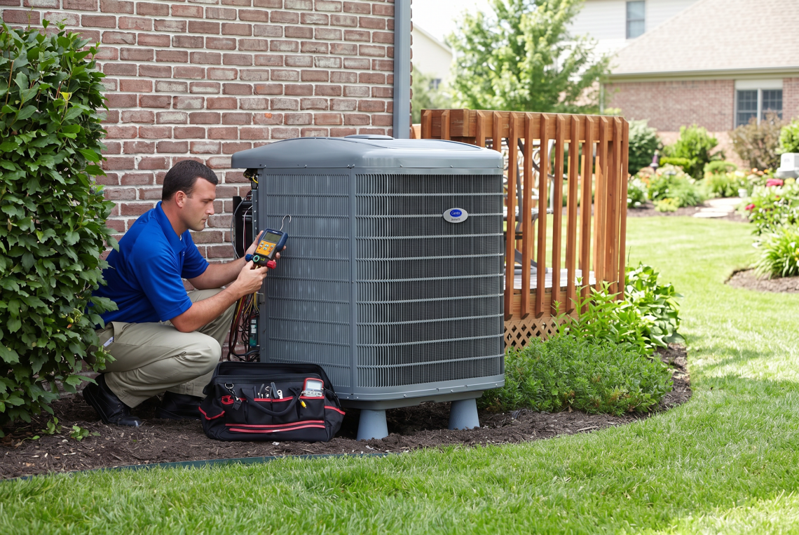 Comfort Solutions HVAC technician servicing heat pump in suburban neighborhood